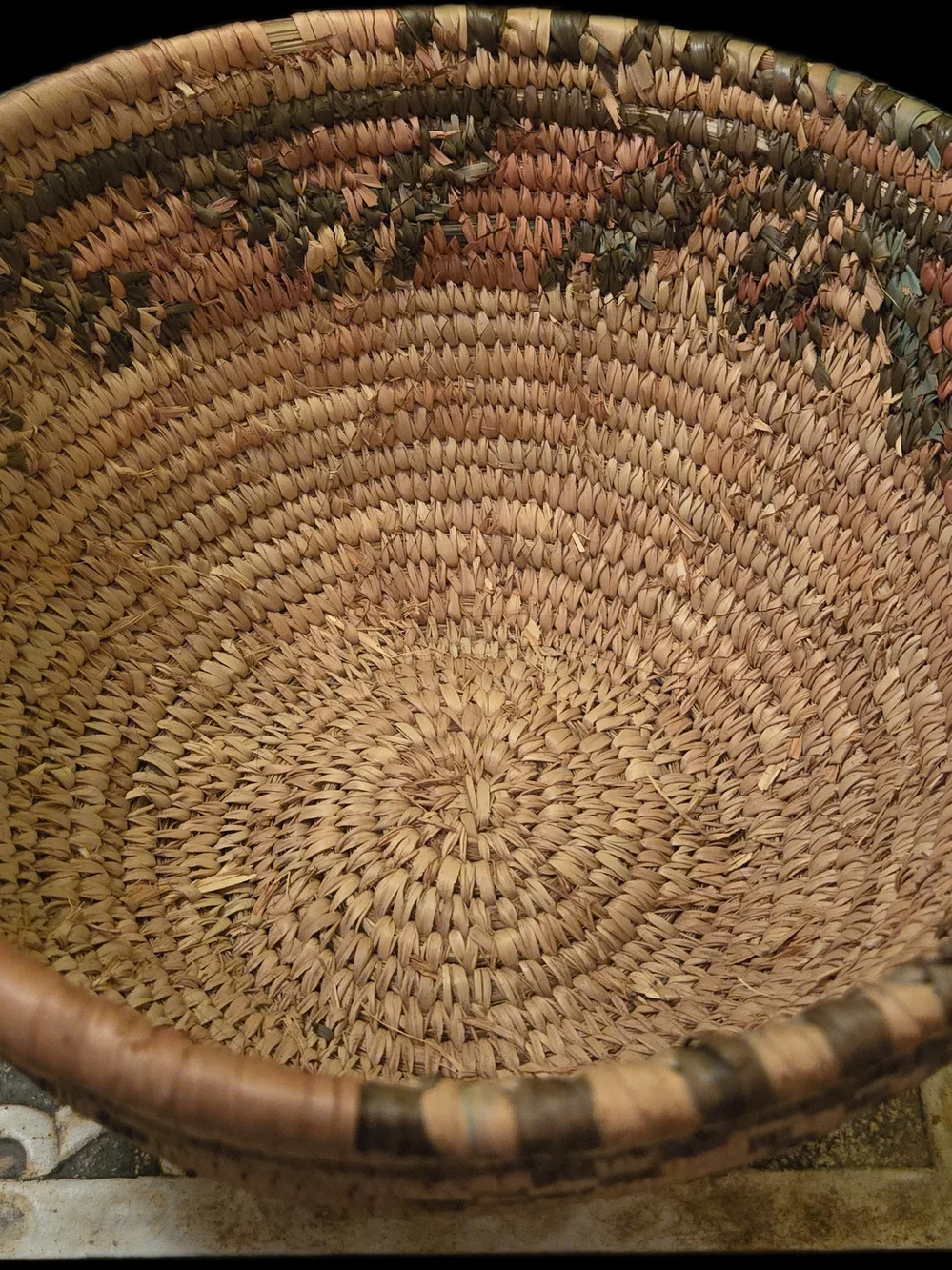 Tan and Dark Brown Woven Storage Basket With Geometric Pattern
